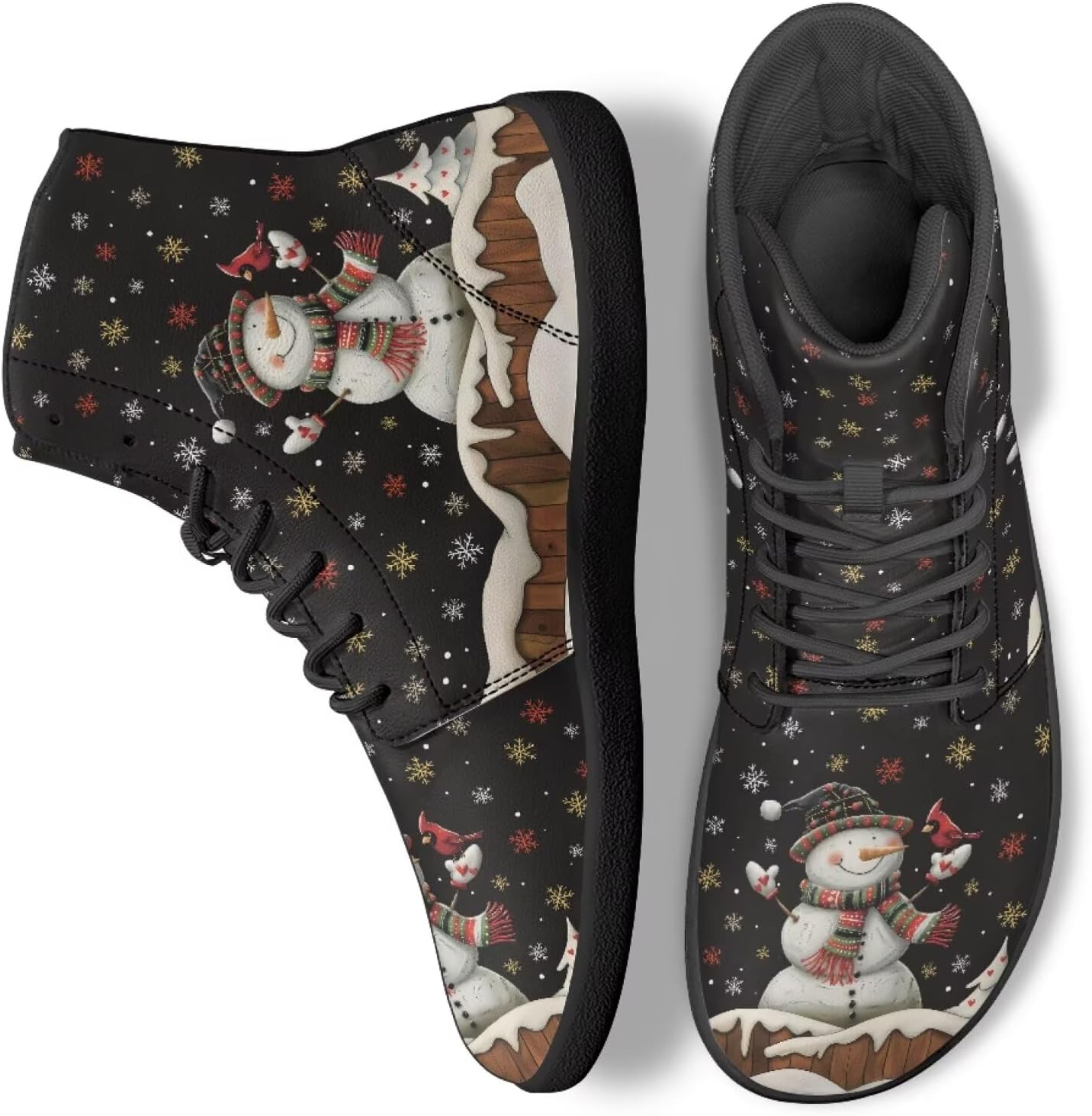 

Женские и мужские высокие кроссовки, модные спортивные кроссовки для ходьбы, бега и путешествий Ecaestolph, Snowman Bird Colorful Snowflakes