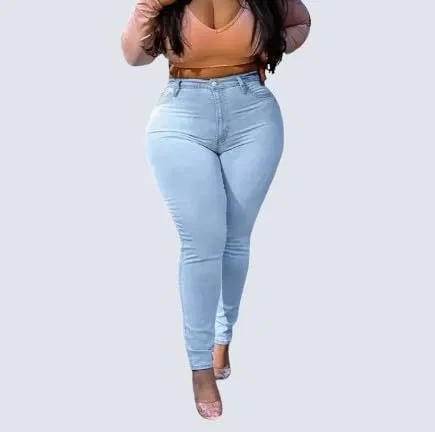 Generic Женские джинсы Plus Size Skinny - Light Blue, высокоэластичные полноразмерные, с карманами и поясом, повседневные всесезонные, постиранные — фото 2
