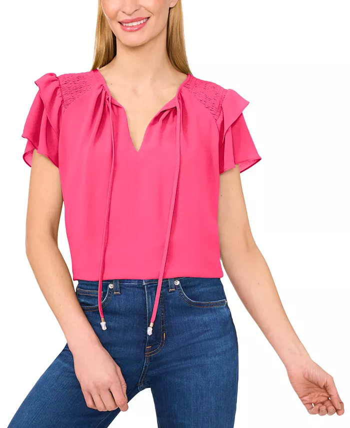 

Женская блузка с галстуком, ярусными оборками на рукавах CeCe, розовый
