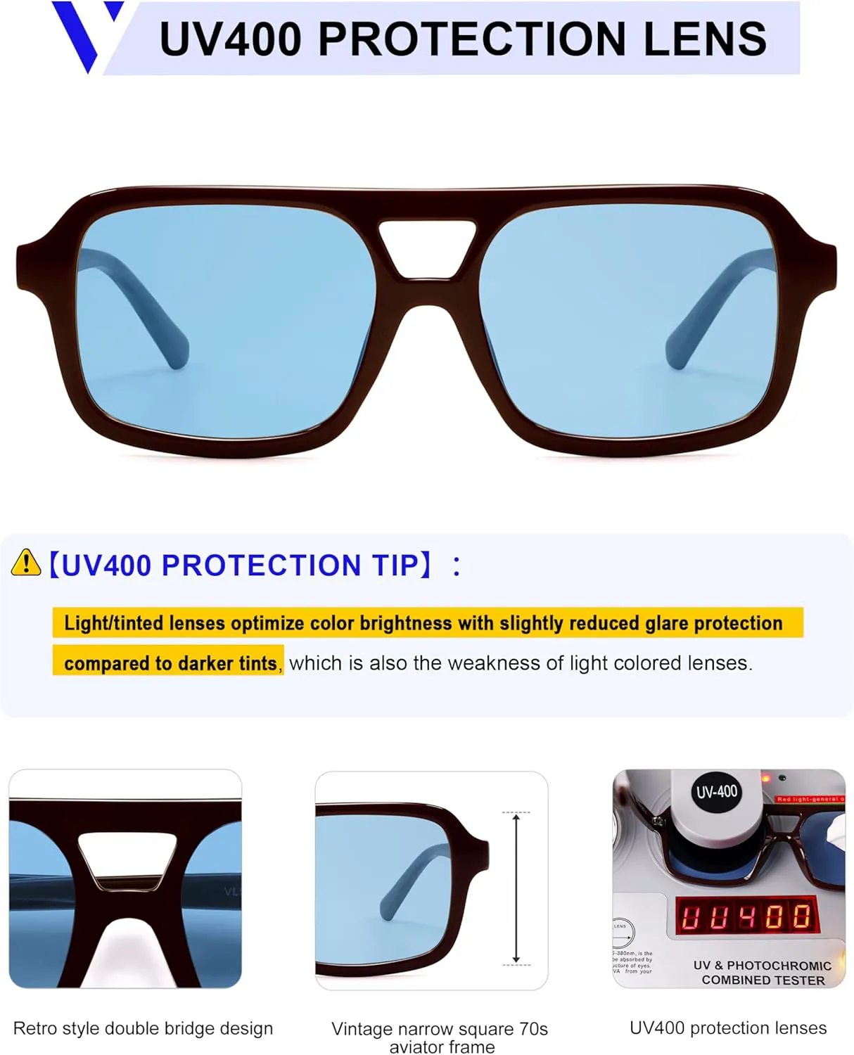 

Солнцезащитные очки VANLINKER в стиле ретро 70-х, квадратные, авиаторские, для женщин и мужчин, винтажные, модные, прямоугольные, VL9816, C22-blue Lens/Brown Frame