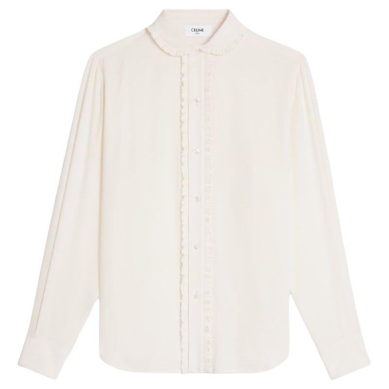 

Футболка с рюшами и пуговицами CELINE, цвет слоновая кость