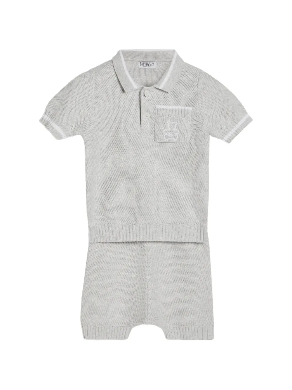 Хлопковая вязаная поло рубашка Baby Bernie с сотовым узором Brunello Cucinelli Kids, серый — фото 4