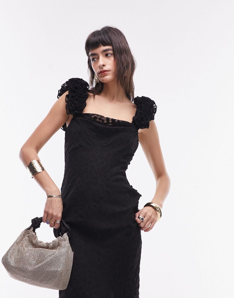 

Длинное черное платье-комбинация Topshop Premium из жаккарда в горошек с объемными оборками на рукавах