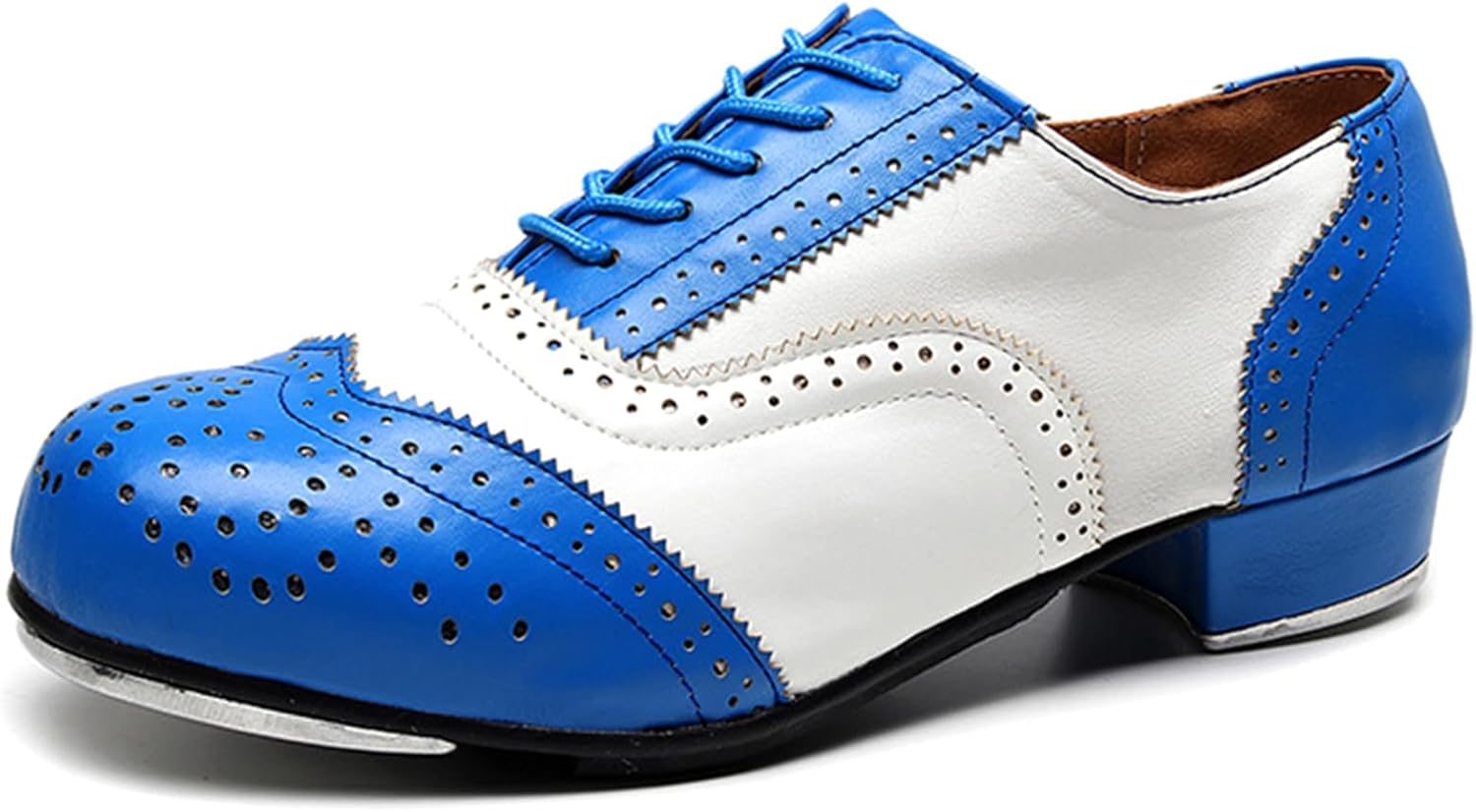 

Мужские тап-туфли из кожи с низким каблуком, броги, на шнуровке, удобные для танцев Hiuzylqx, белый/синий