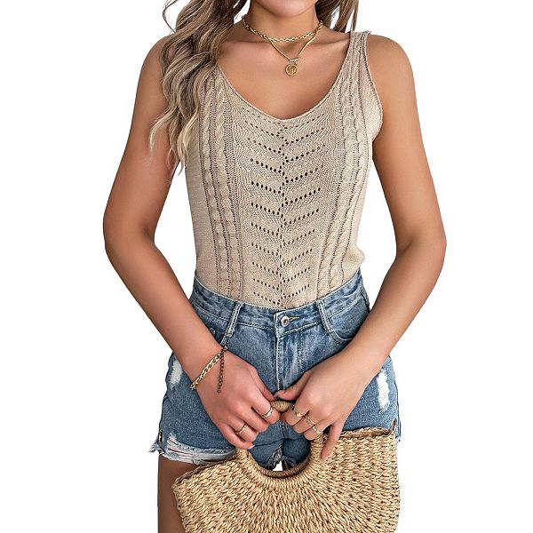

Женский летний топ-блузка v-образного выреза без рукавов с ажурной вязкой Yesfashion, Khaki