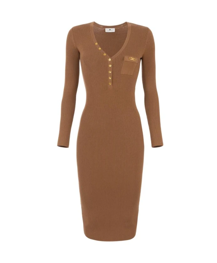 

Платье из ребристого трикотажа с нагрудным карманом. Elisabetta Franchi, коричневый
