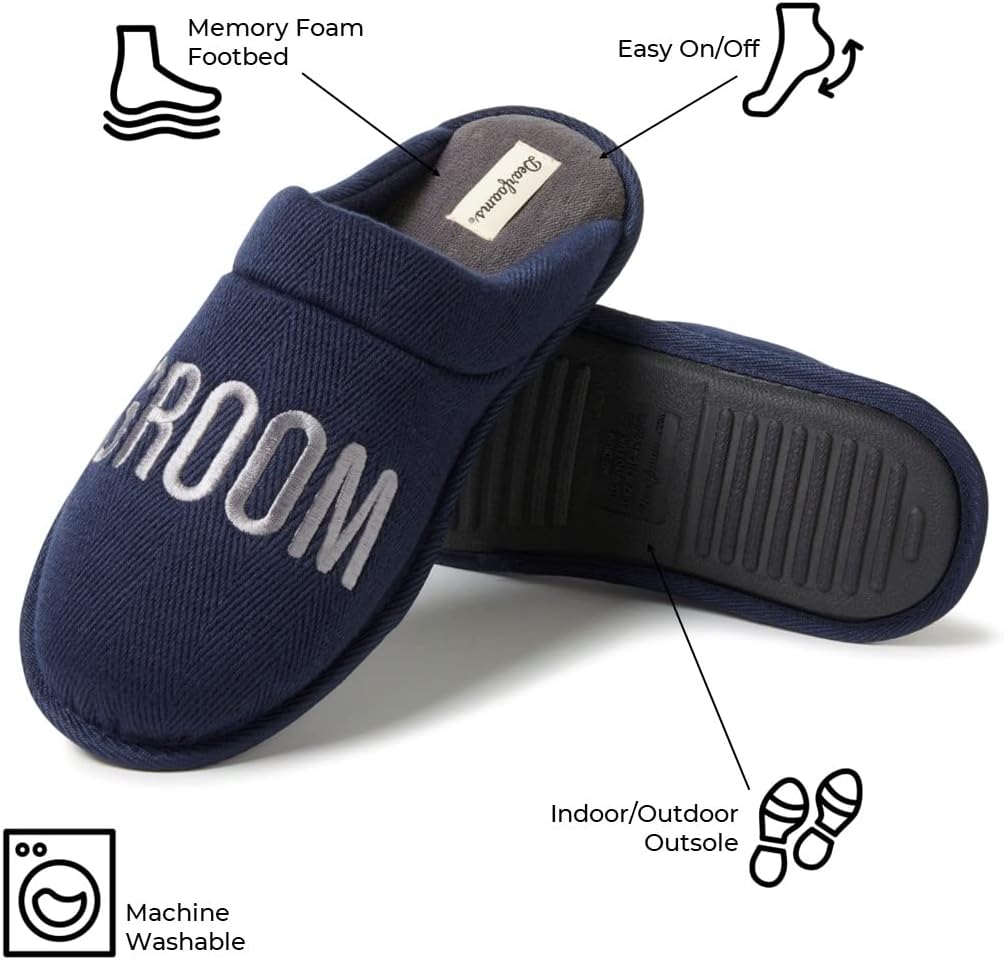 Мужские тапочки Dearfoams для жениха и дружков, подарок на свадьбу, модель Wedding Day Scuff, темно-синий — фото 2