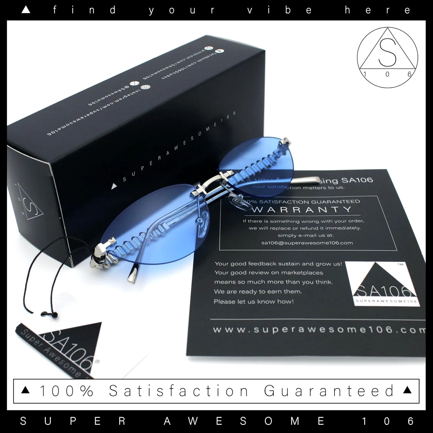 

Женские солнцезащитные очки SA106 без оправы с металлическим каркасом, в форме «кошачий глаз», с заклепками в виде пирамидальных камней на дужках, All Black