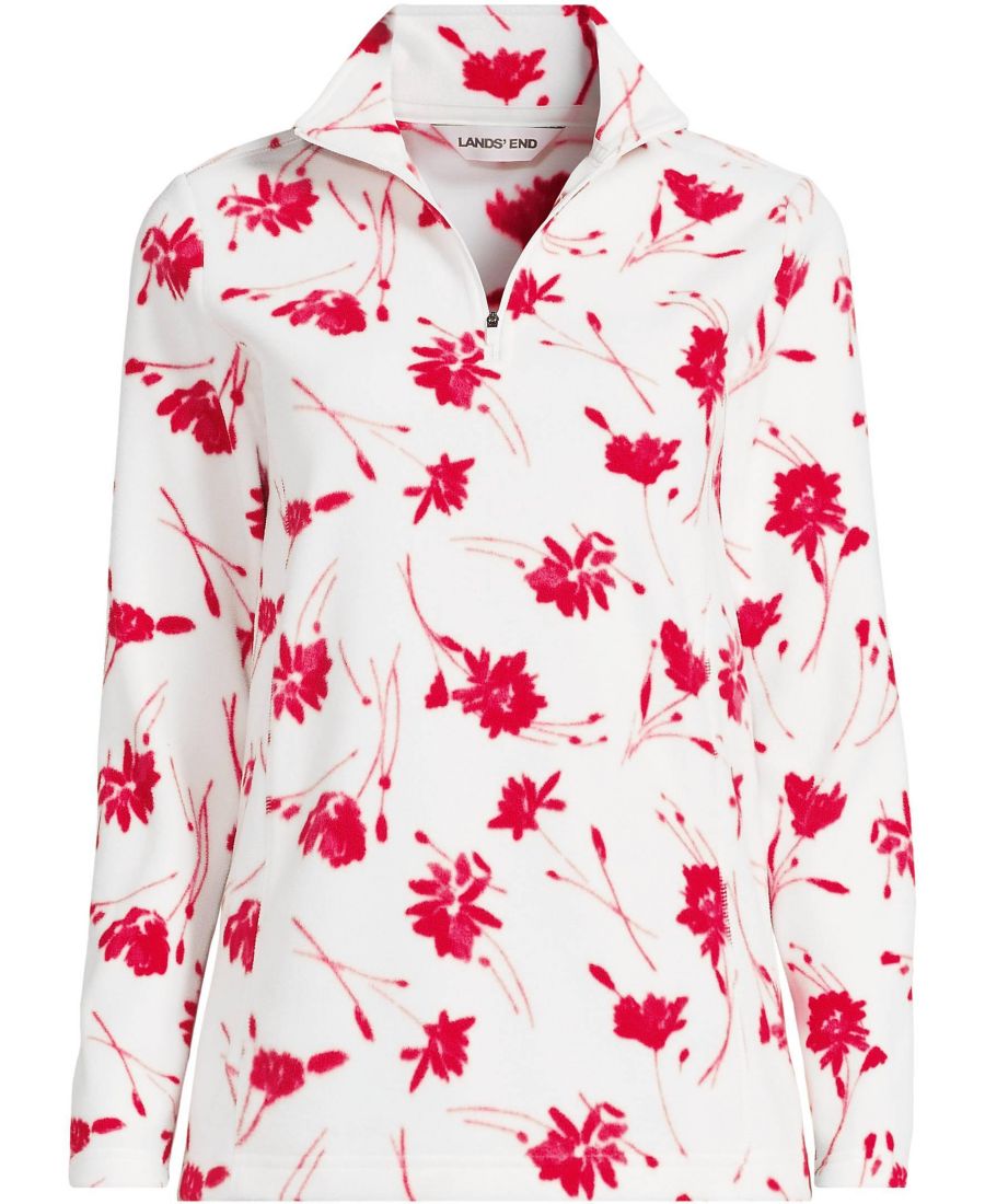 

Флисовый пуловер большого размера на всепогодную погоду с застежкой-молнией до четверти длины Lands' End, Ivory/red tossed floral