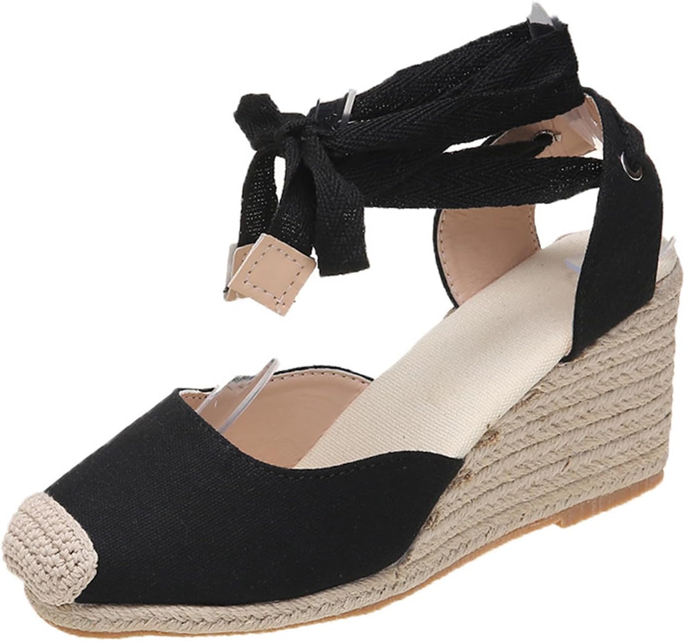 

Женские эспадрильи на танкетке, с закрытым носком и завязками, с ремешком на щиколотке, летние туфли на платформе и каблуке, деловая обувь для работы, нарядные и повседневные тапочки, обувь для прогулок и для улицы Generic, черный