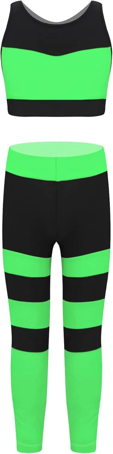 Детский спортивный костюм из топа и леггинсов Mufeng, Stripes Fluorescent_green
