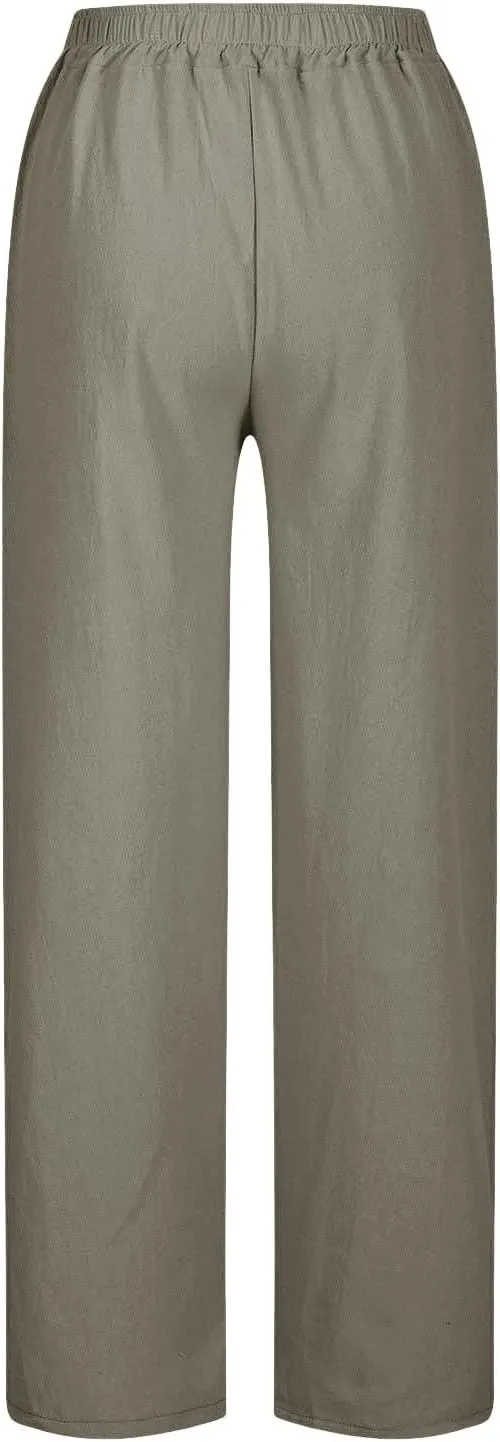 Льняные брюки Women 2026 Wide Leg с кулиской и эластичным поясом, гаучо, для отдыха, весна-лето, пляжный отпуск Generic, бежевый — фото 3