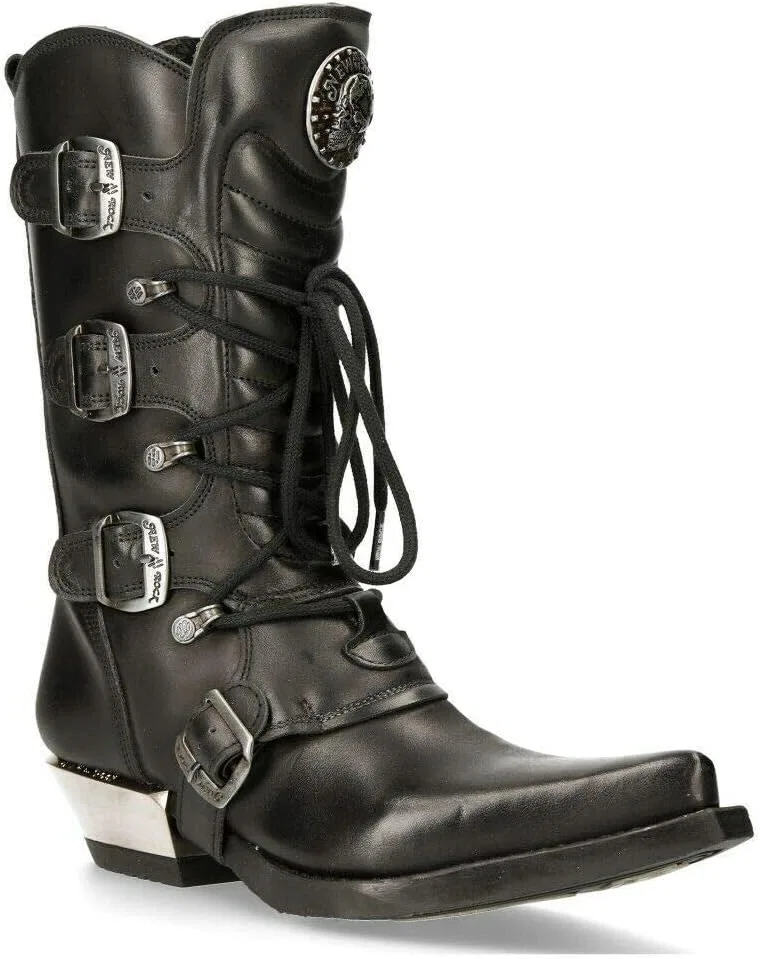 Ковбойские ботинки New Rock Western Cowboy 7993 из кожи с пряжкой, массивные, до колена, Black — фото 3
