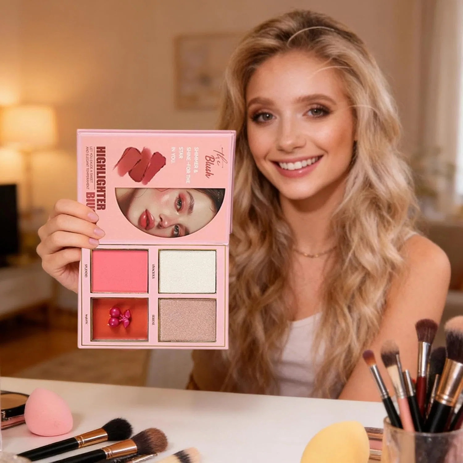 Палетка для макияжа Full Face Makeup Palette, розовая, 12 оттенков теней и 4 хайлайтера/румяна — фото 2