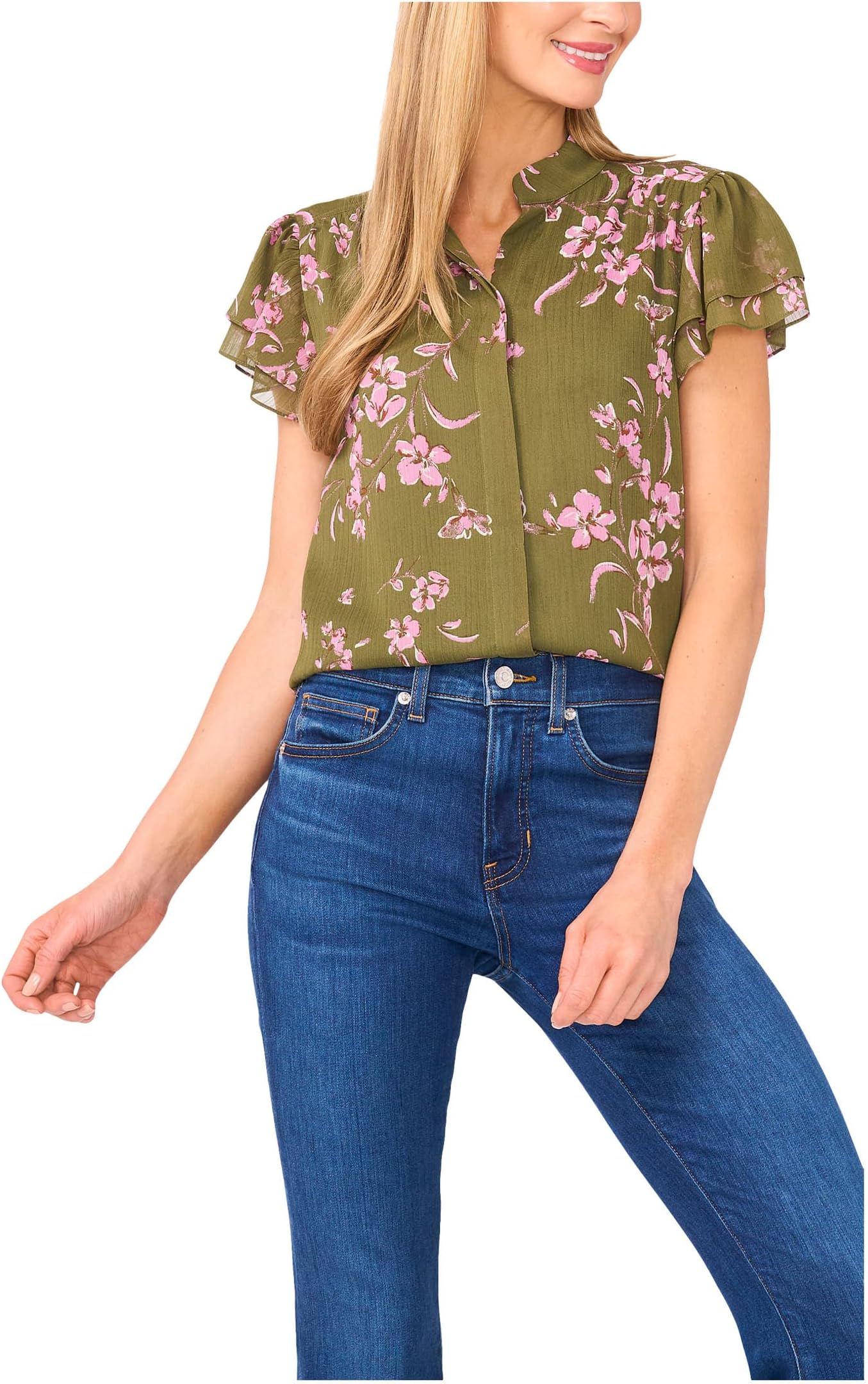 

Топ CeCe Long Sleeve Tie V-neck Ruffled Top, цвет Chive