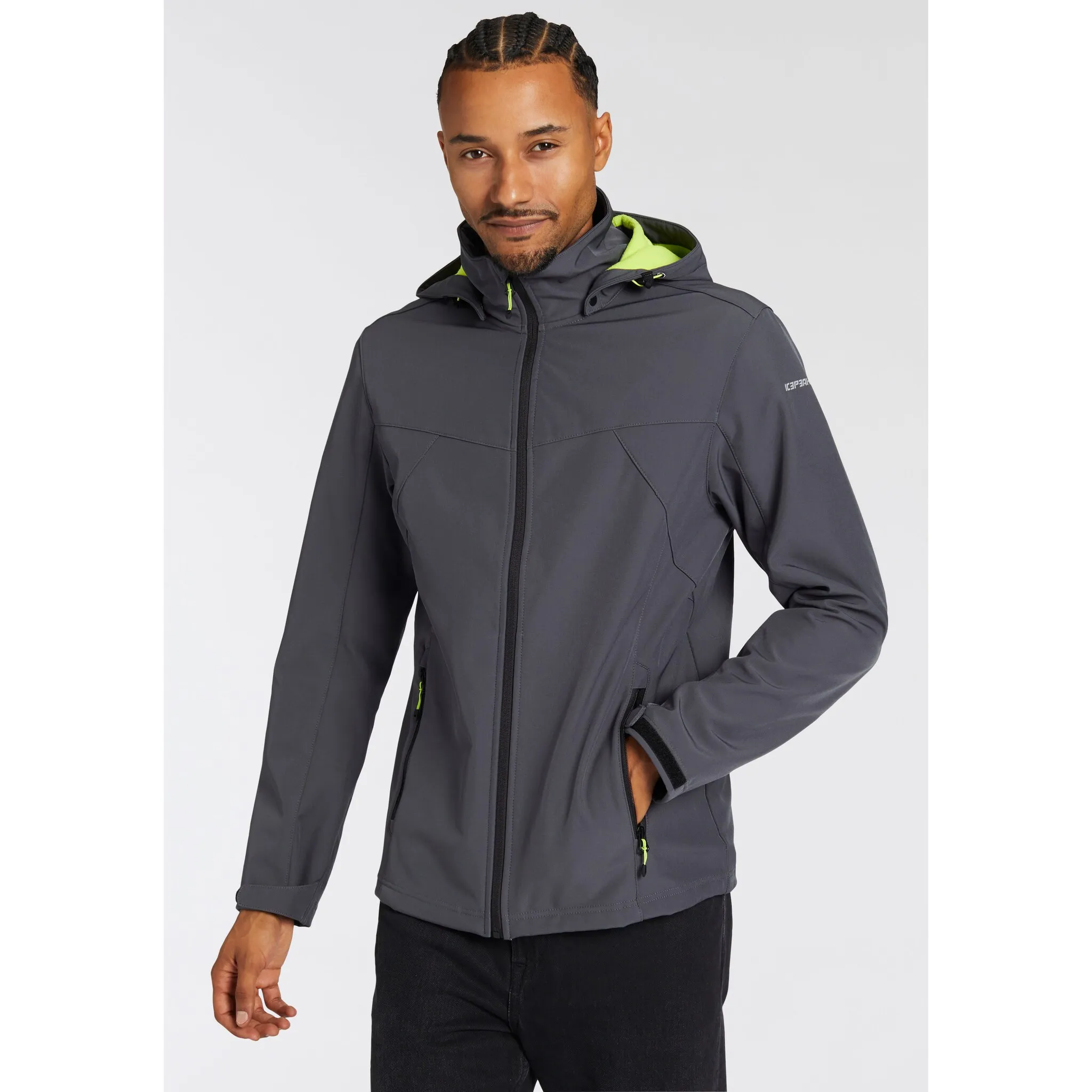 

Куртка из софтшелла Icepeak "H SOFTSHELL JACKE BRIMFIELD", с капюшоном и изящной надписью-логотипом, серый