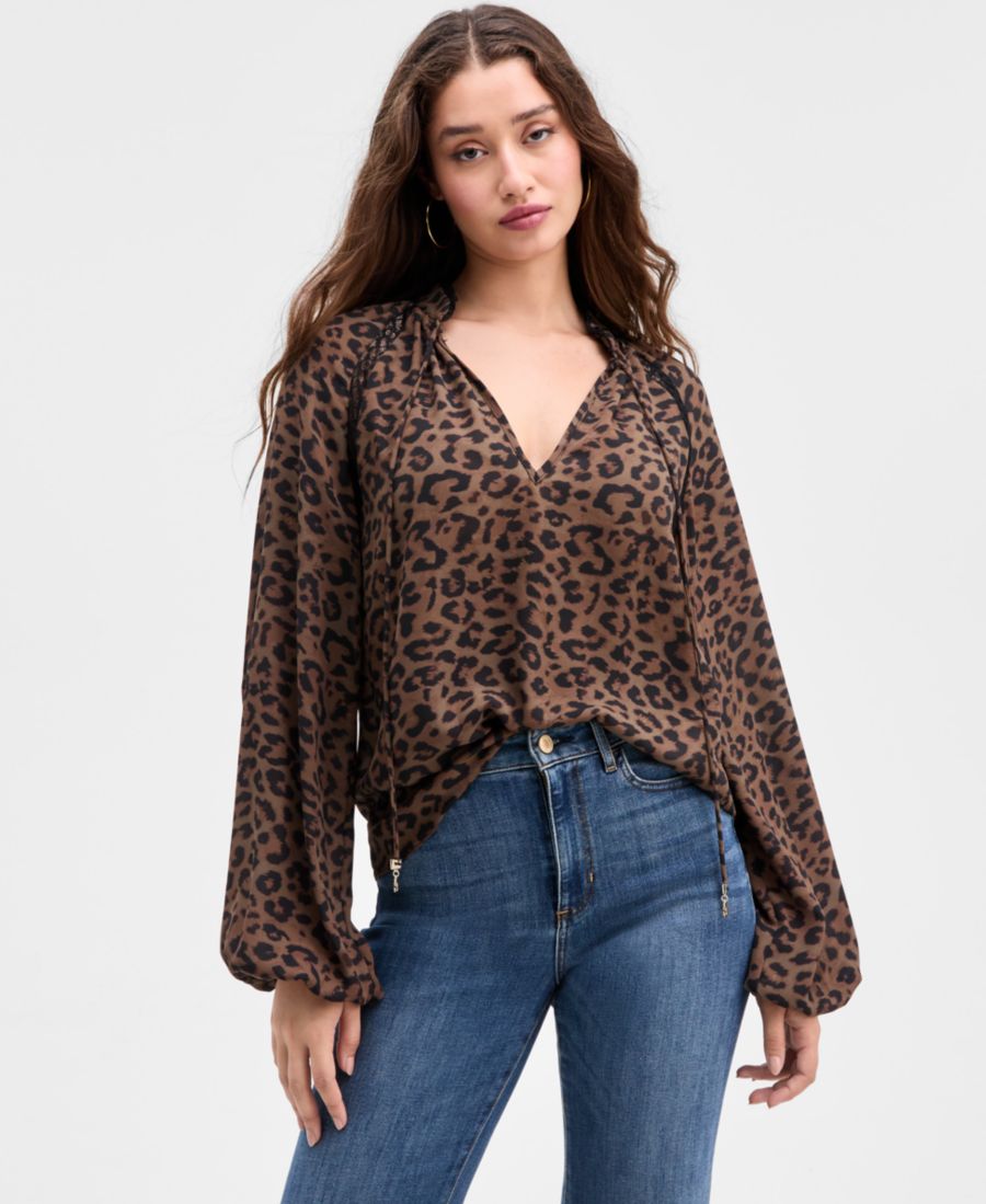 

Женская блузка Josette с кружевной отделкой и леопардовым принтом GUESS, Savage Night Print