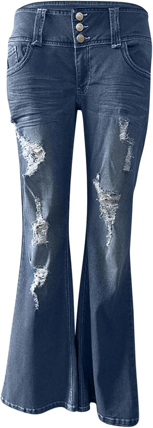 Джинсы клеш с потертостями, Womens Ripped Bell Bottom Jeans, темно-синие — фото 3