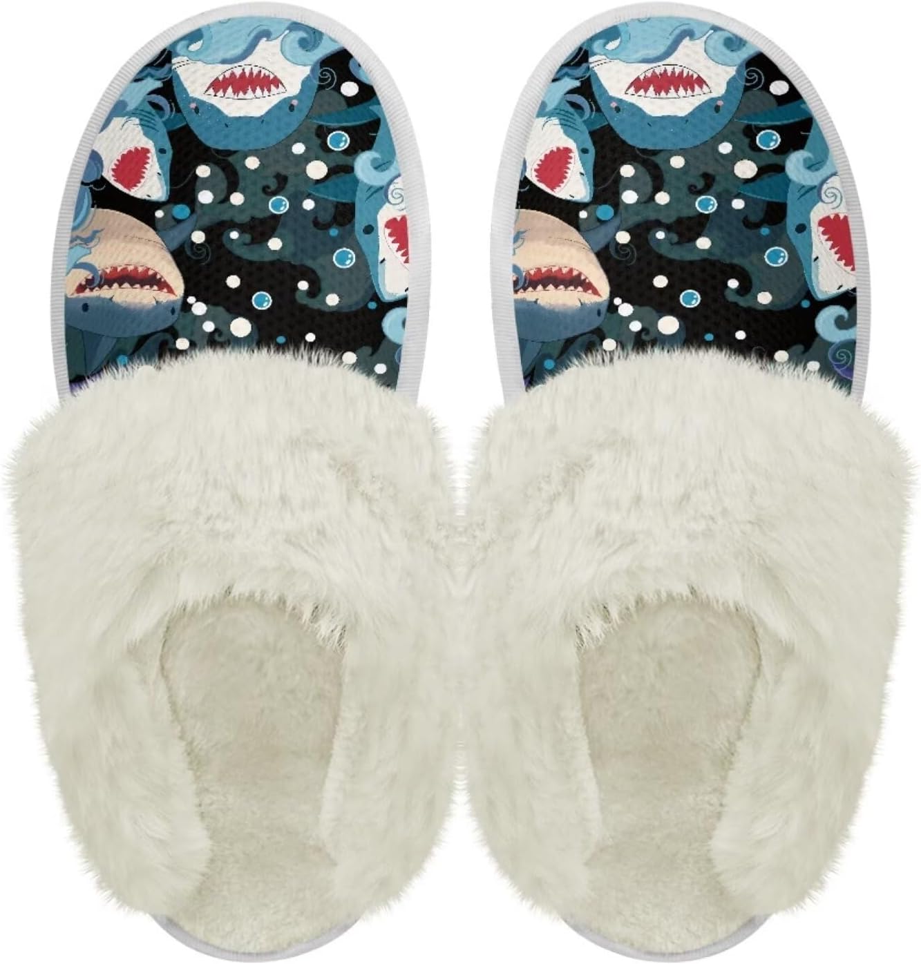 

Тапочки chaqlin Fuzzy Plush с меховой подкладкой, сабо для спальни и дома, унисекс, водонепроницаемые, с толстой подошвой, противоскользящие, удобные фланелевые зимние теплые тапочки для дома и улицы, Sea Sharks