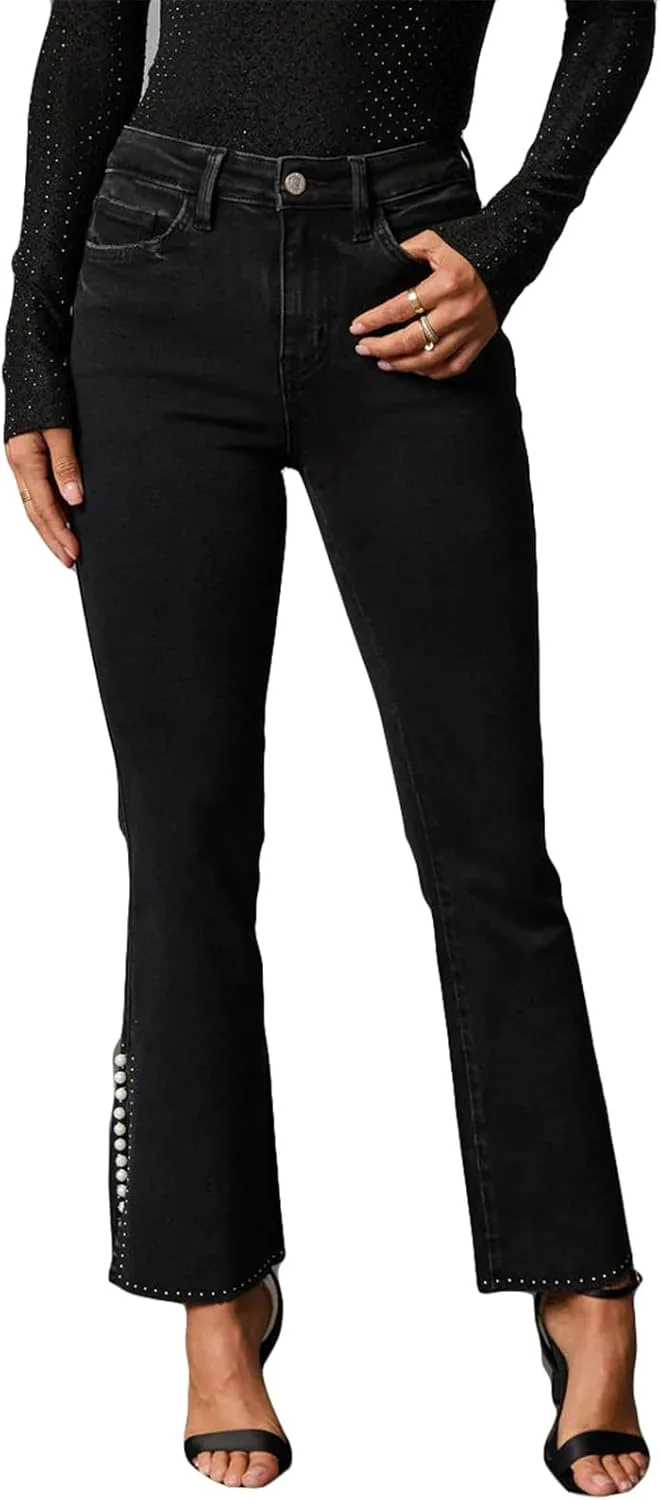 

Женские джинсы Qikaka с высокой талией и стразами