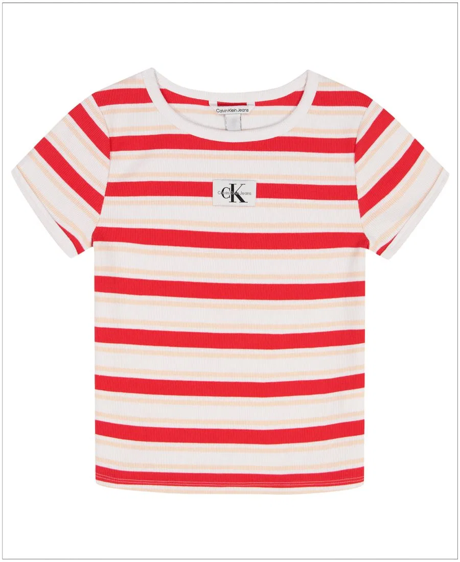 Полосатая футболка с круглым вырезом для девочек 7-16 лет Calvin Klein, красный