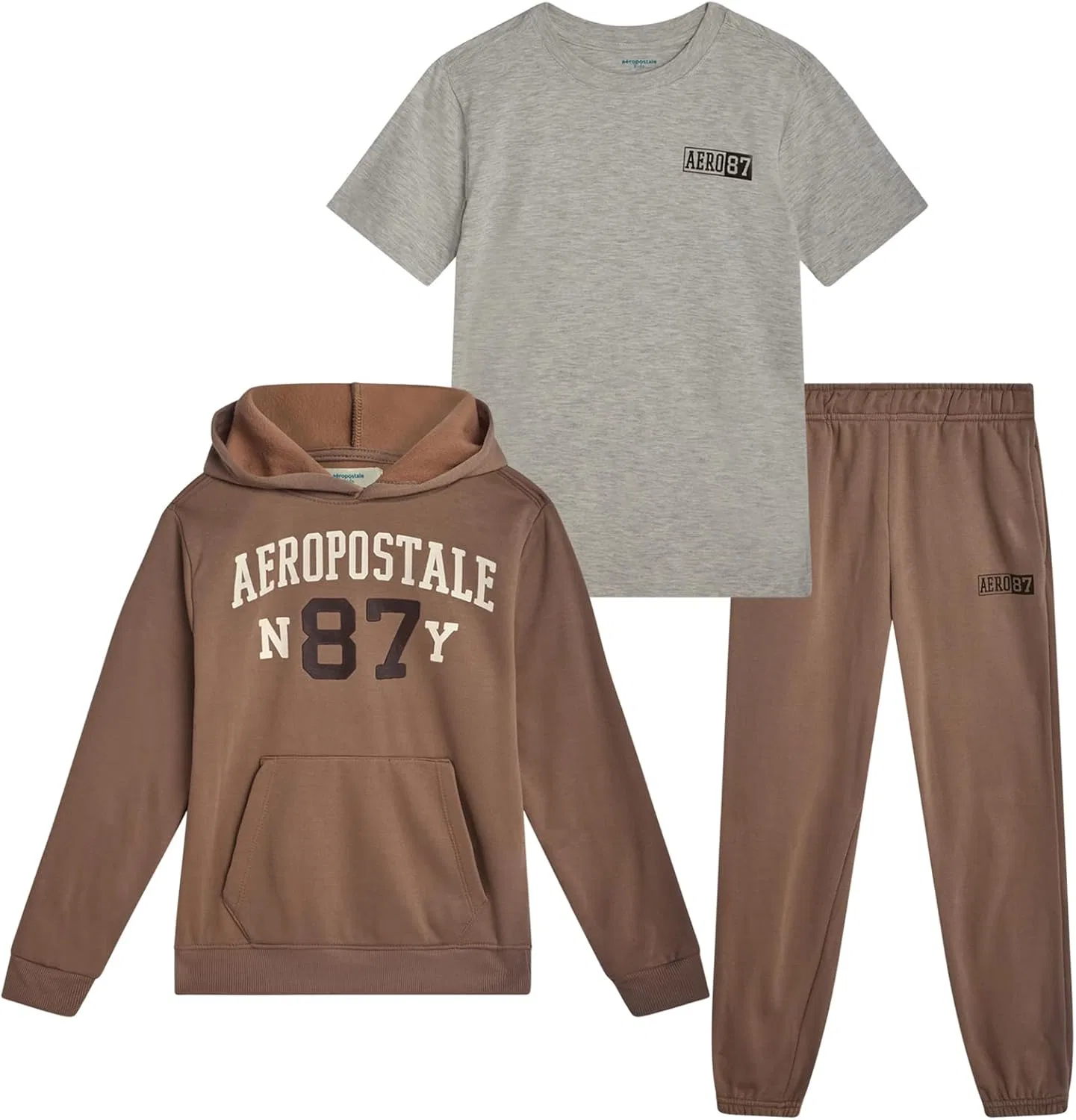 Детский спортивный костюм AEROPOSTALE, 3 предмета: флисовая худи, футболка и джоггеры, Taupe Gray Oatmeal
