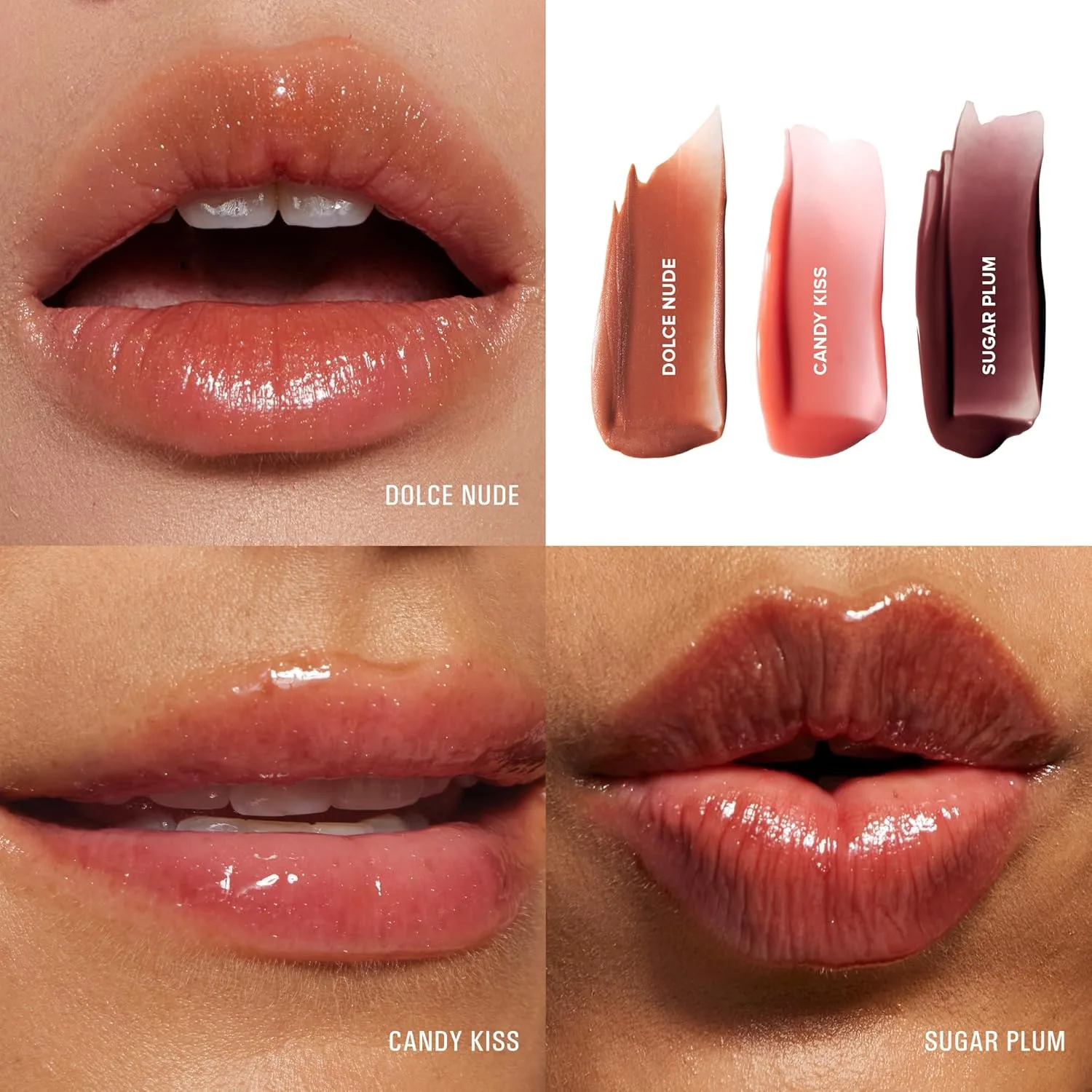 Набор Nudestix Hydrating Peptide Lip Butter Tint - 3 блестящих бальзама для губ с авокадо, маслом ши и пептидами, увлажняющие nude-оттенки, Dolce Nude, Candy Kiss, Sugar Plum — фото 4
