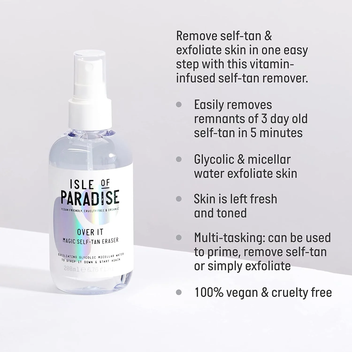 Isle of Paradise Over It Magic Self Tan Eraser - Отшелушивающая мицеллярная вода с гликолевой кислотой, веганский продукт, не тестируется на животных, 6,76 жидких унций 200 мл (1 шт.) — фото 3