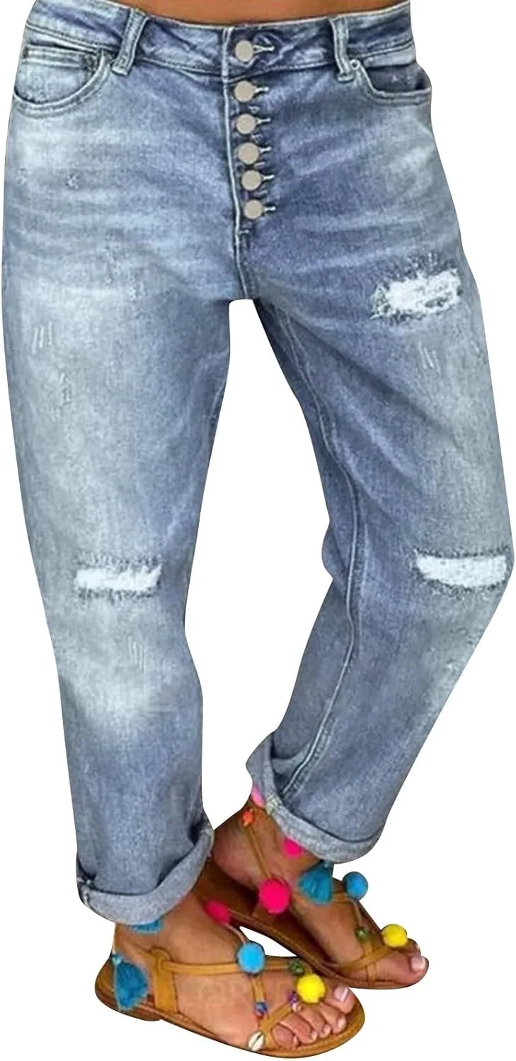 

Женские рваные джинсы Mid Waisted Boyfriend Loose Fit