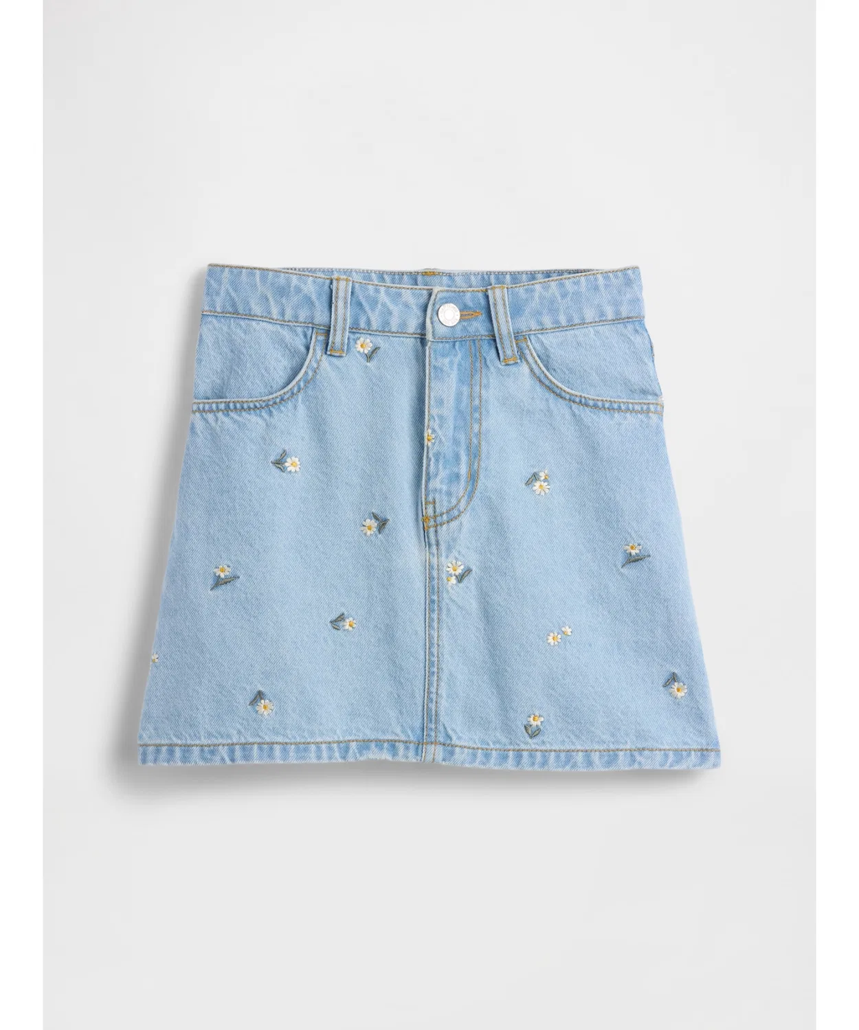 Юбка джинсовая с вышивкой Gap Kids, короткая, из хлопка, цвет светлый индиго