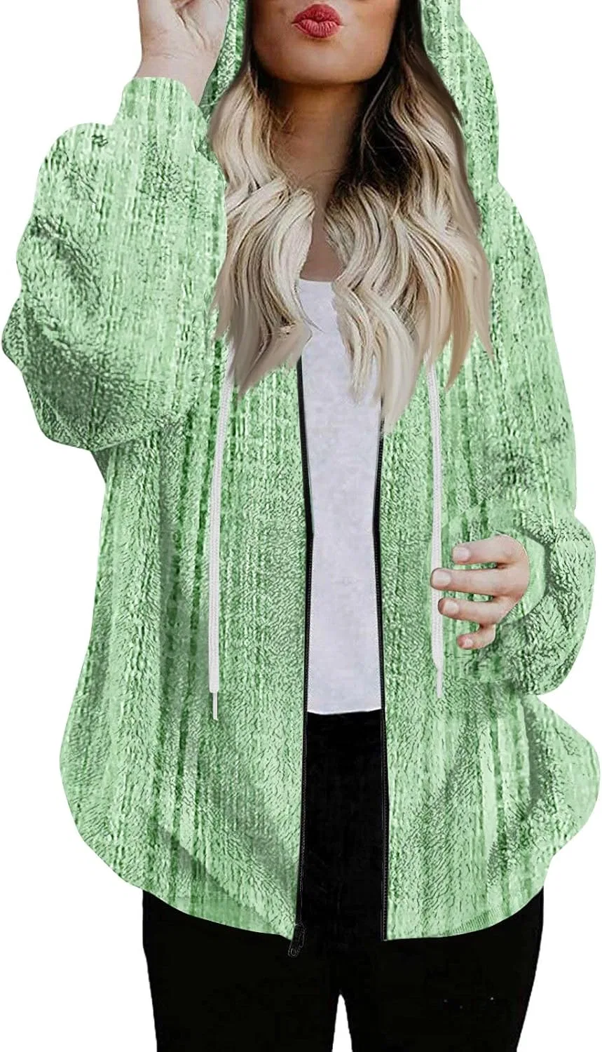 Женская флисовая кофта с капюшоном, на молнии, 3-green