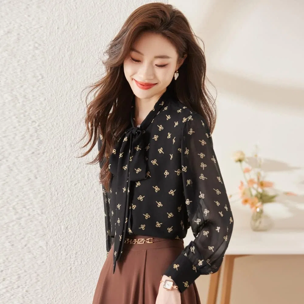 Блуза с бантом, цветочным принтом, Pullover Bowtie Blouse, черный — фото 3