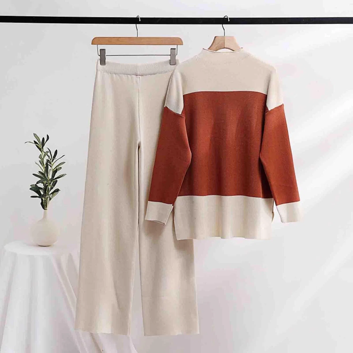 Спортивный костюм Ribbed Knit Long Sleeve Pullover Sweater Wide Leg Pants, A04_coffee — фото 4