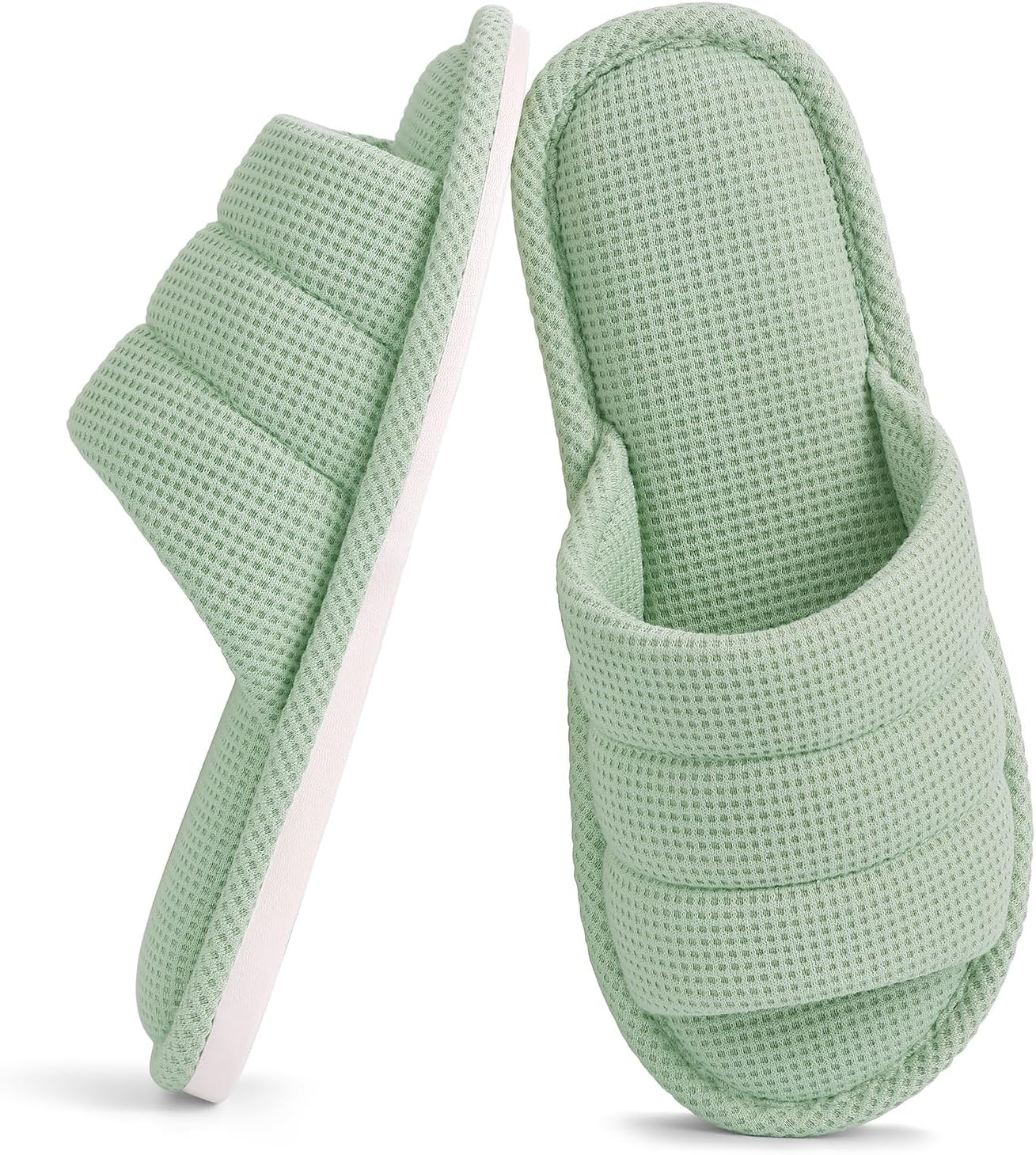 

Женские и мужские домашние тапочки Shevalues Summer, дышащие с вафельной текстурой, открытый носок, для использования дома, зеленый