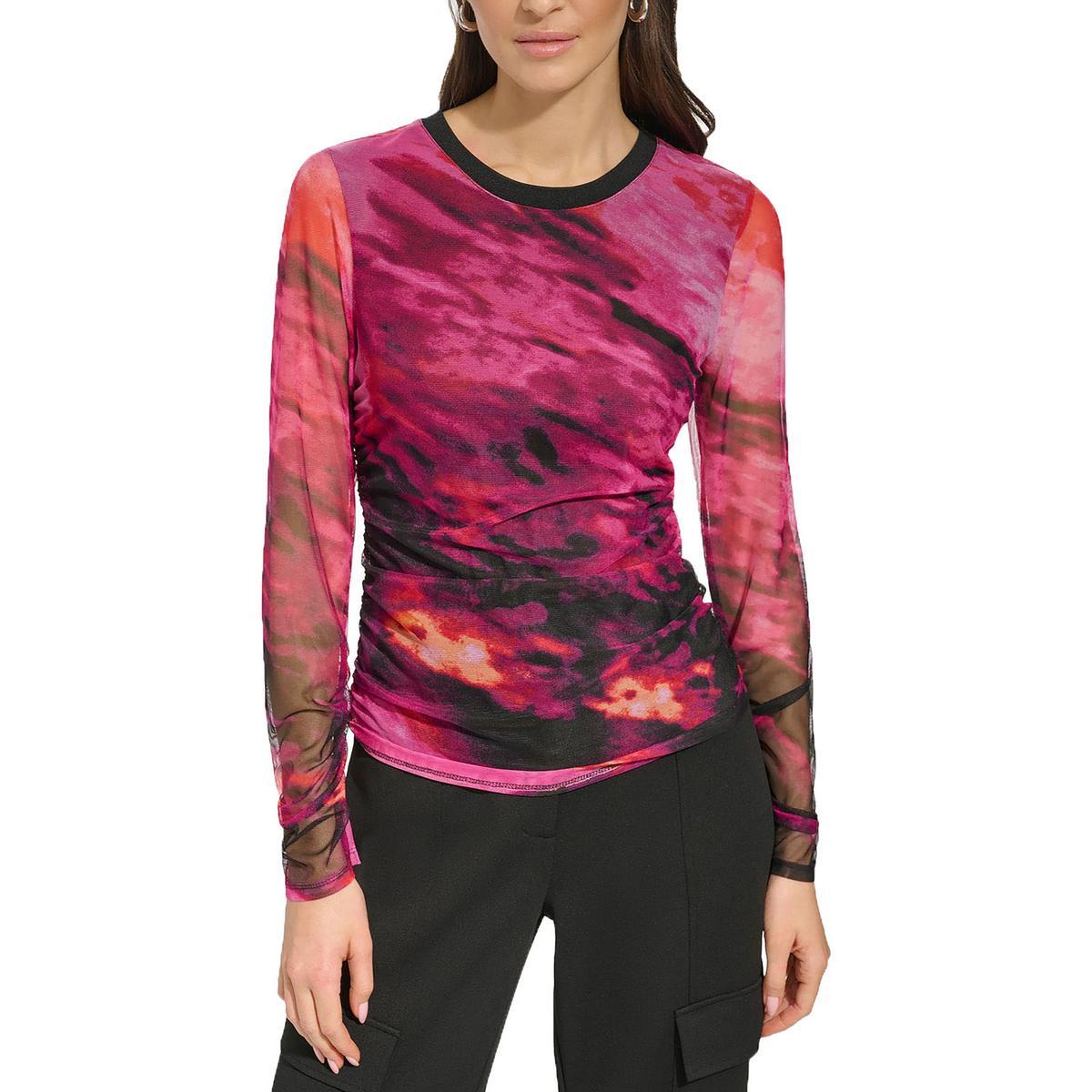 

Женский сетчатый пуловер с круглым вырезом DKNY, цвет shocking pink multi