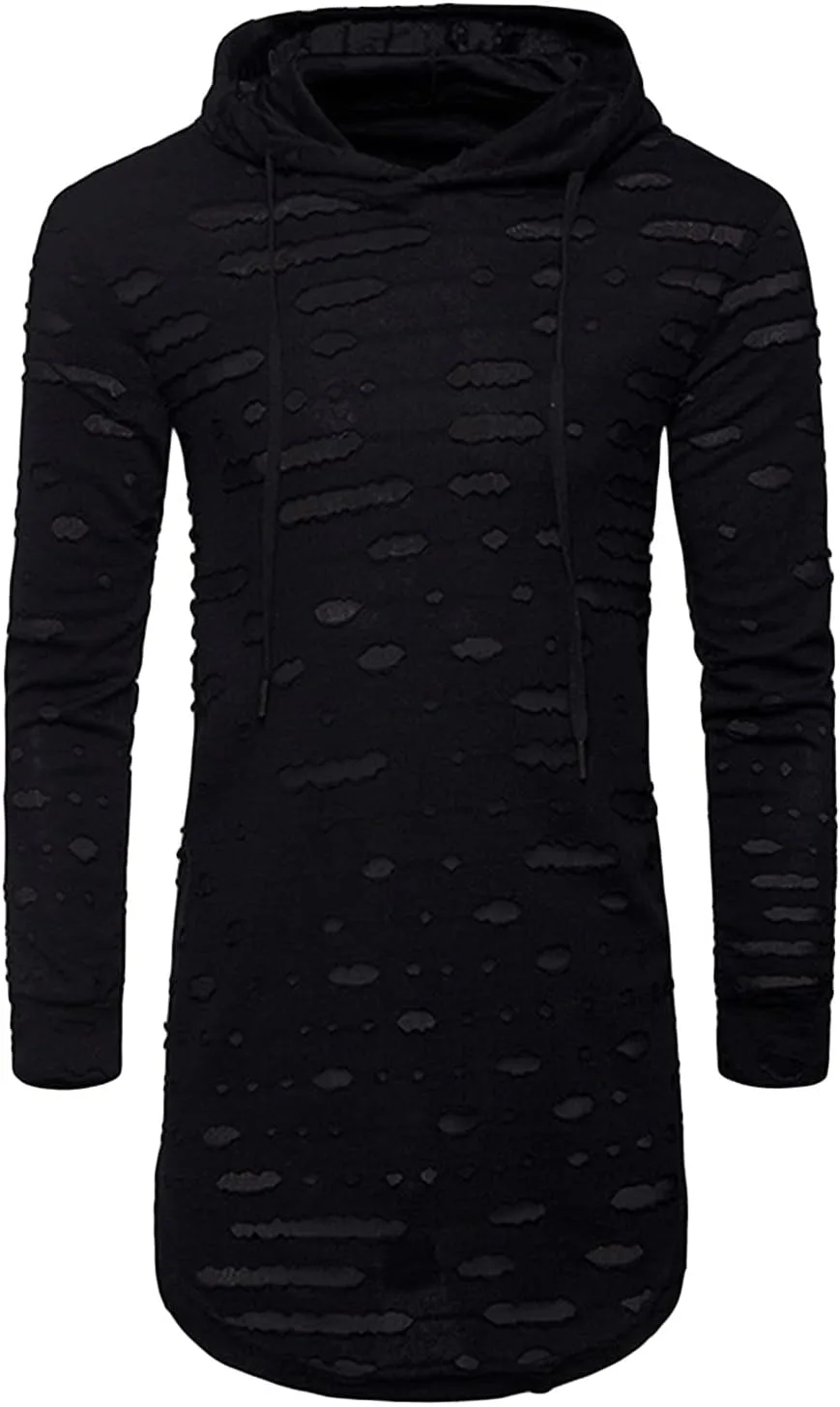 

JEsilunmaMY Casual Ripped Hoodie для мужчин, мид-длина, с длинным рукавом и кулиской