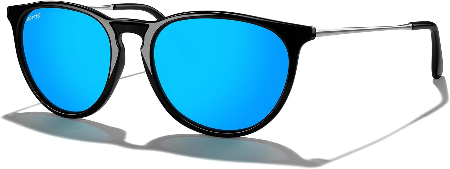 

Винтажные поляризованные солнцезащитные очки MERRY'S для женщин и мужчин, ретро-стиль, круглые зеркальные линзы, защита от ультрафиолета UV400, Black Frame/Blue Mirror Lens/Silver Legs