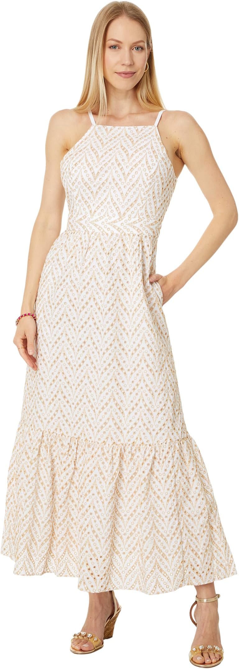 

Платье Lilly Pulitzer Charlese Eyelet Halter Maxi Dress, цвет Sand Bar Mermaid Tail Metallic Eyelet