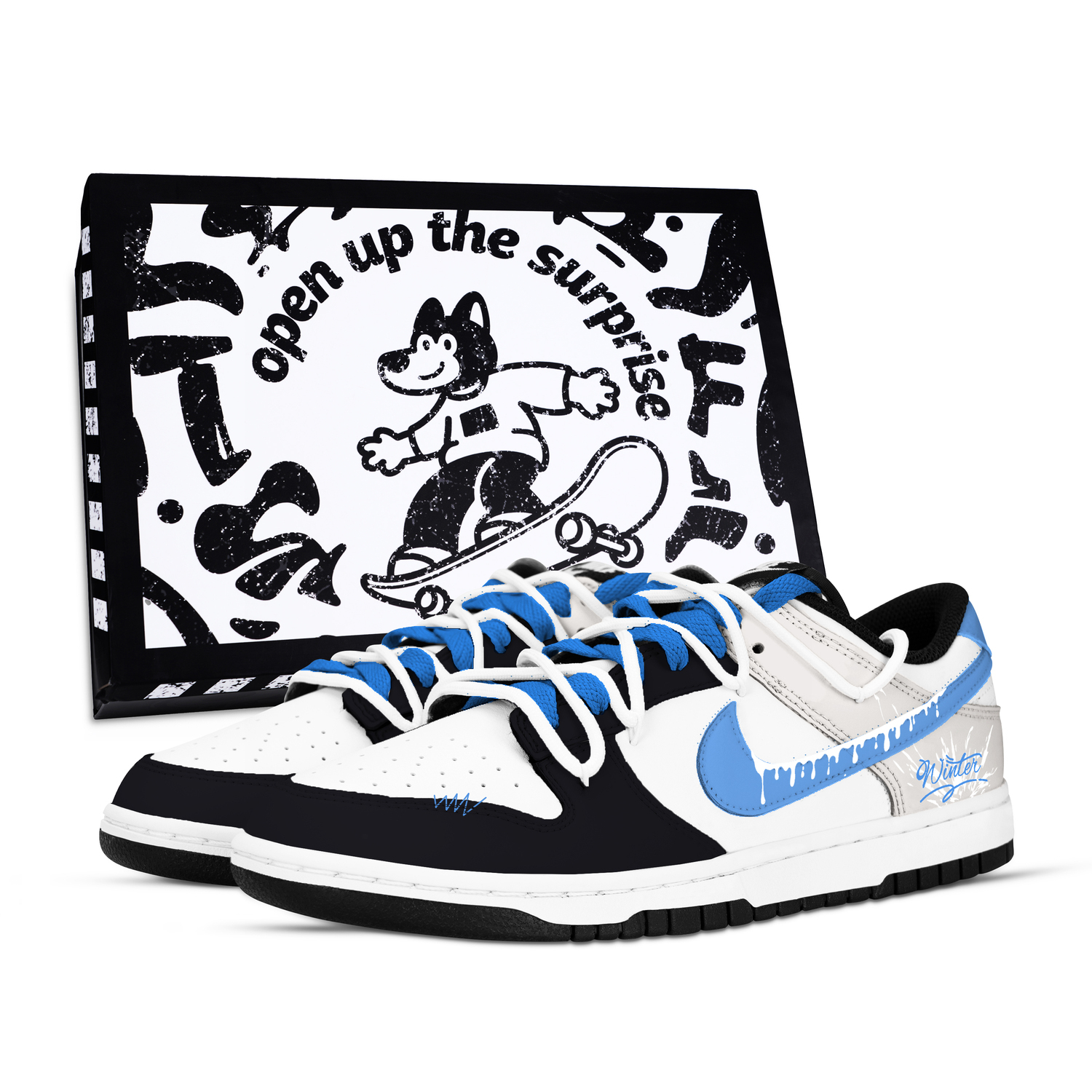 

Кроссовки для скейтбординга Dunk Snowmelt Dreamland Box Abrasion Resistant низкие унисекс Black White Blue Nike, черный белый синий