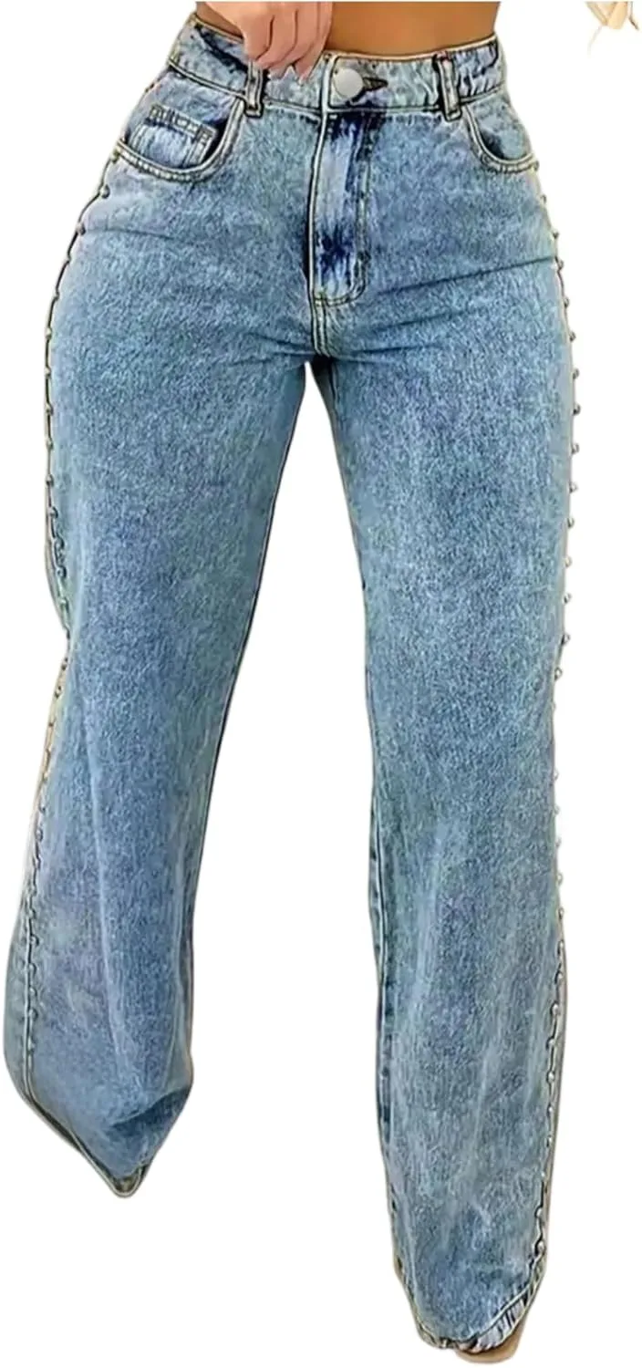 

Прямые джинсы для женщин, высокие с широкими штанинами