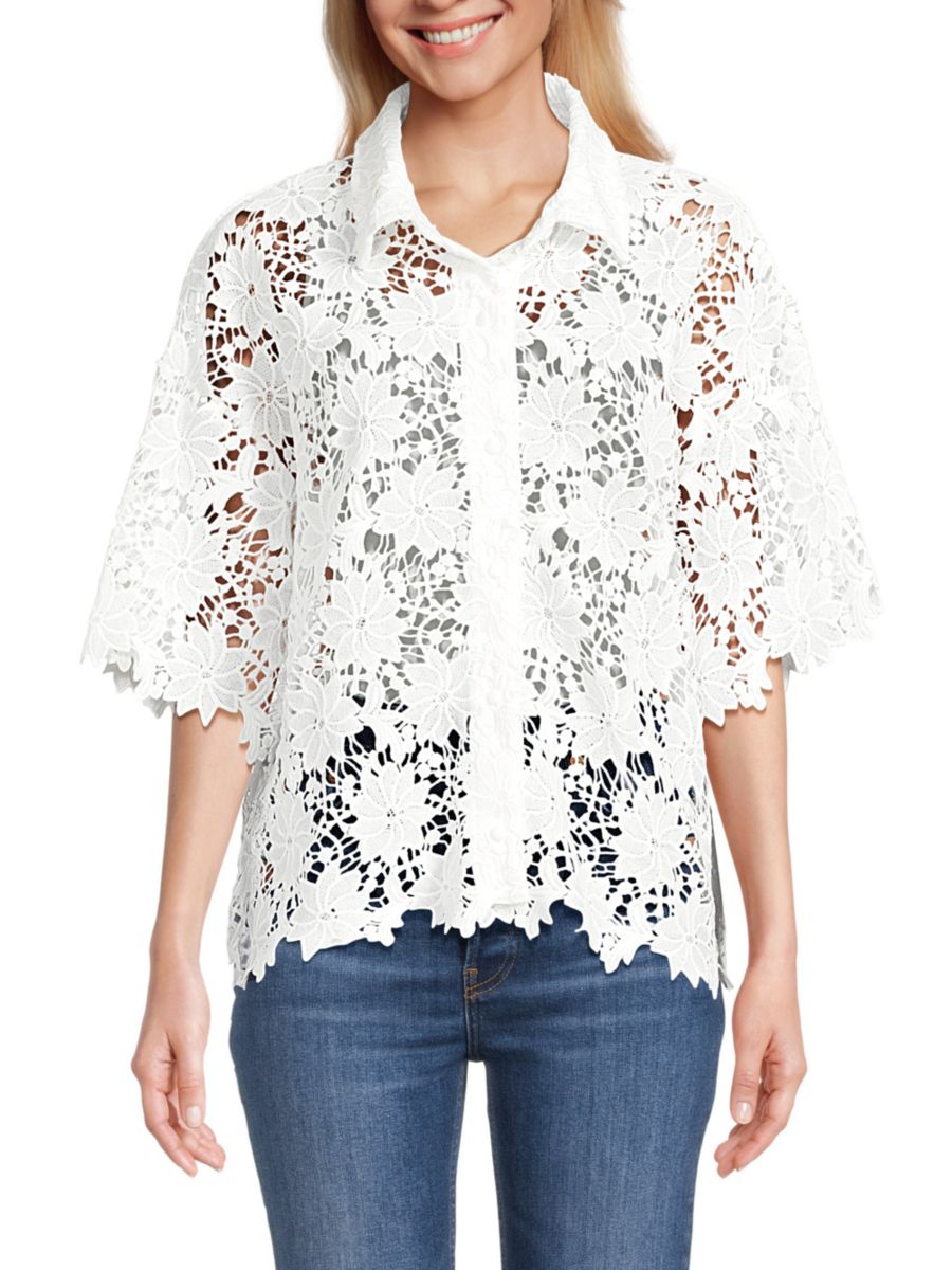 

Рубашка с цветочным принтом и открытым трикотажным кружевом Joseph A, белый