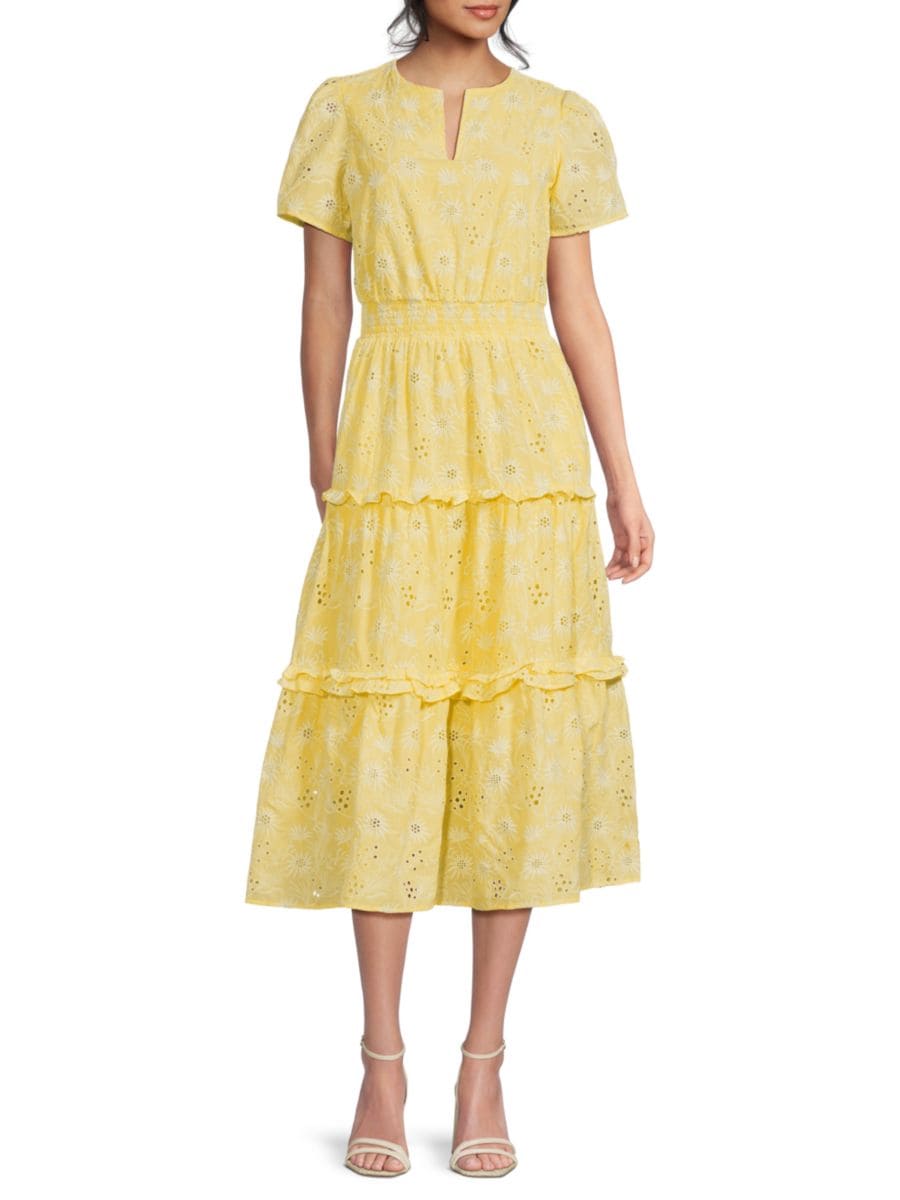 

Вышитое хлопковое многоярусное платье миди T Tahari, желтый