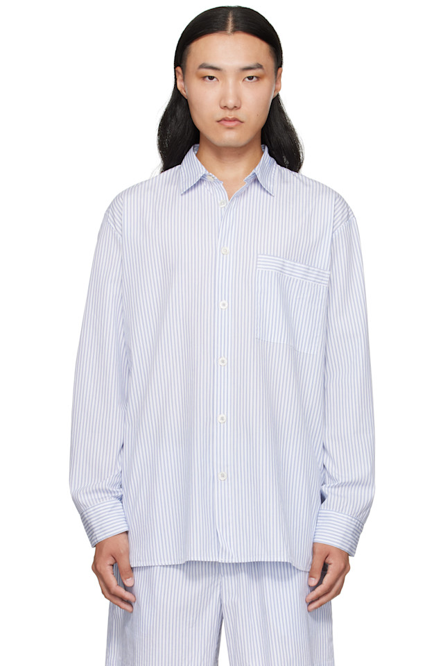 

Tekla Пижамная рубашка с длинными рукавами из белого и синего поплина