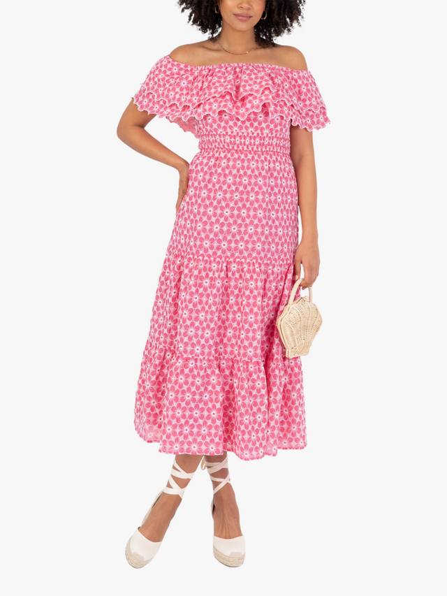 

Платье миди с вырезом Bardot и цветочной вышивкой из хлопка Lovedrobe, Pink/White