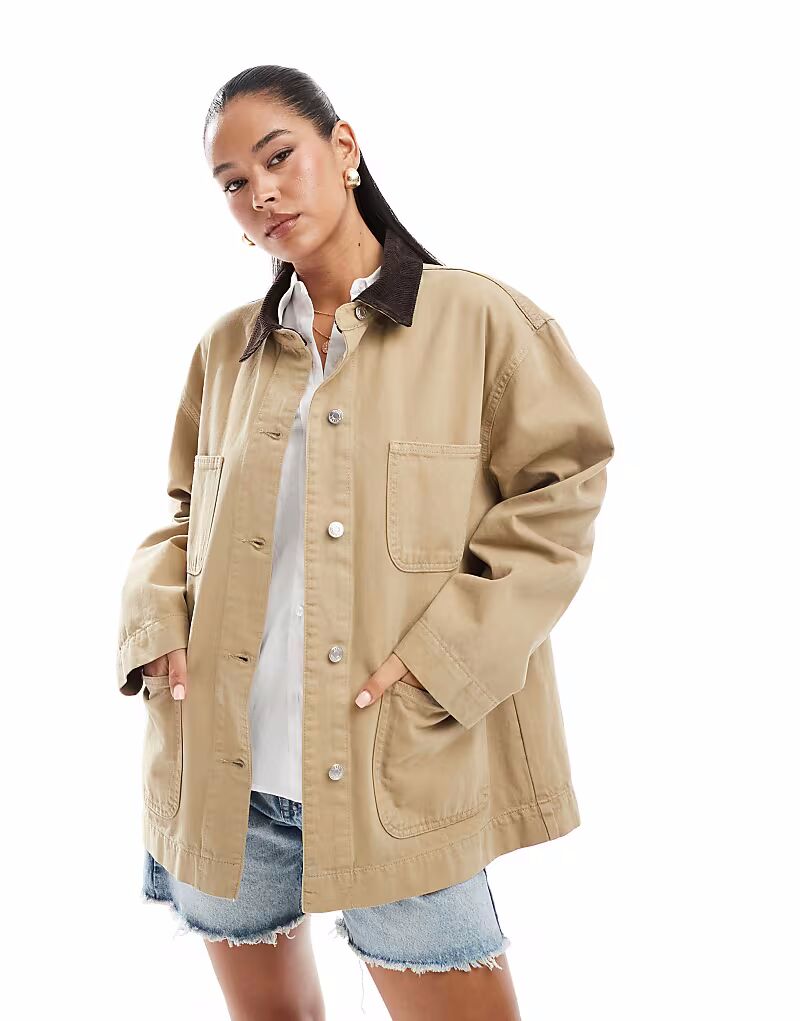 

Джинсовая куртка ASOS DESIGN с контрастным воротником в каменном цвете