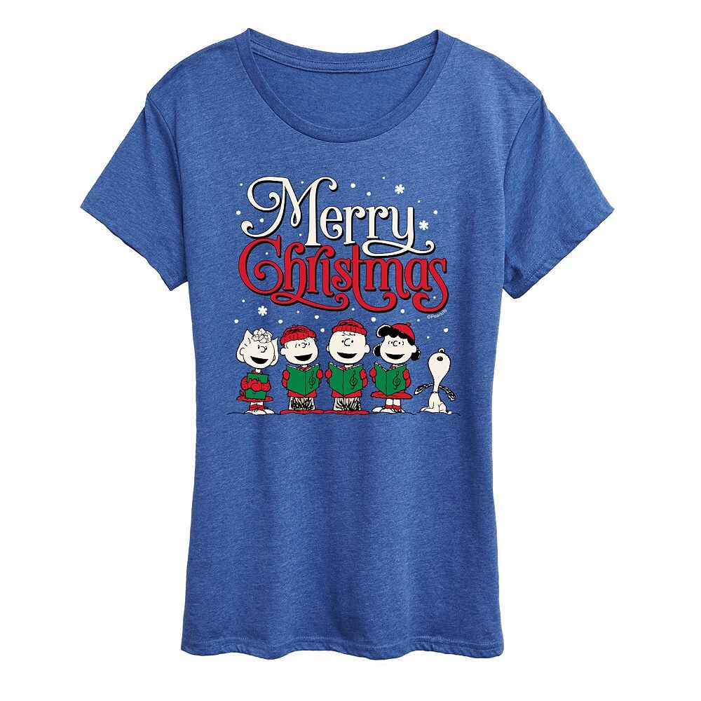 

Женская футболка с рисунком Peanuts Merry Christmas Carols Licensed Character, цвет Heather Royal Blue