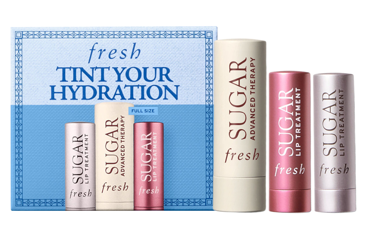 

Fresh FULEISHI цветной набор из трех розовых бальзамов для губ увлажняющий, питающий и восстанавливающий 2.2g+2.2g+4.3g