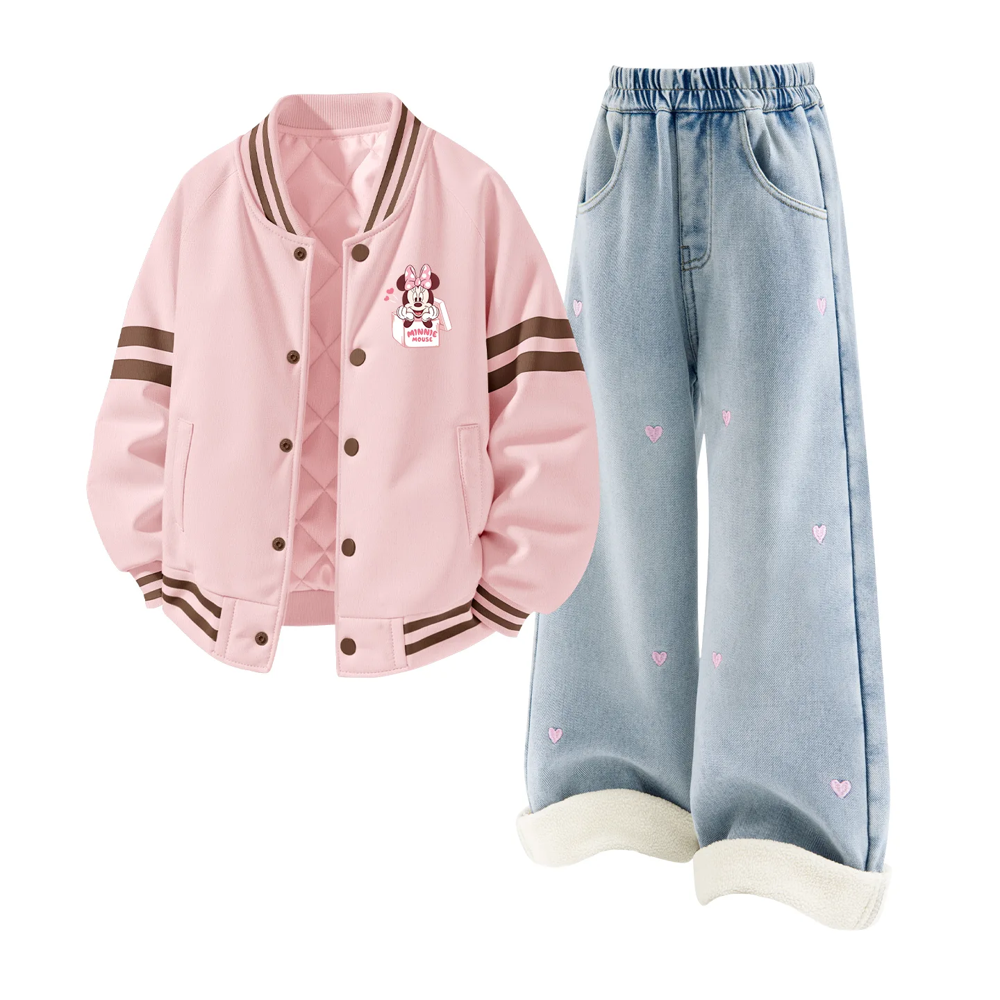 Детская повседневная спортивная футболка с круглым вырезом Disney, [Thickened and Fleece-Lined]Di Gift K Lotus Pink+Solid Color Denim Light Blue