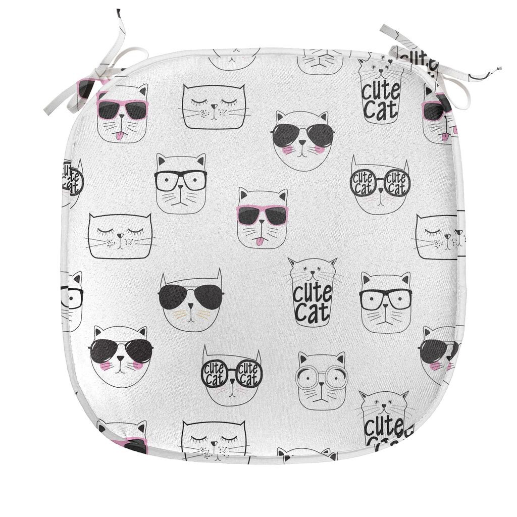 

ABAKUHAUS Cat Подушка на стул для столовой, классные солнцезащитные очки-хипстеры, декоративная водонепроницаемая подушка с ремнями для кухонных сидений, 40 см x 40 см, черный, белый, розовый