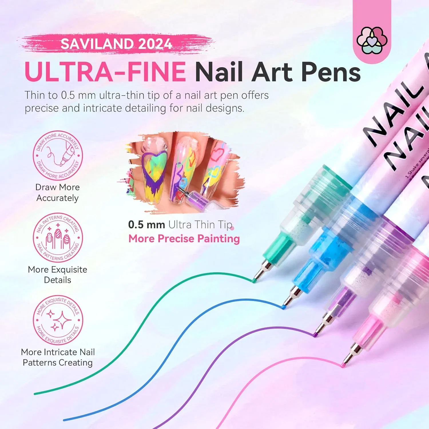 Набор из 12 ручек для 3D дизайна ногтей Saviland Saviland, A-12 Colours Nail Art Pens — фото 3
